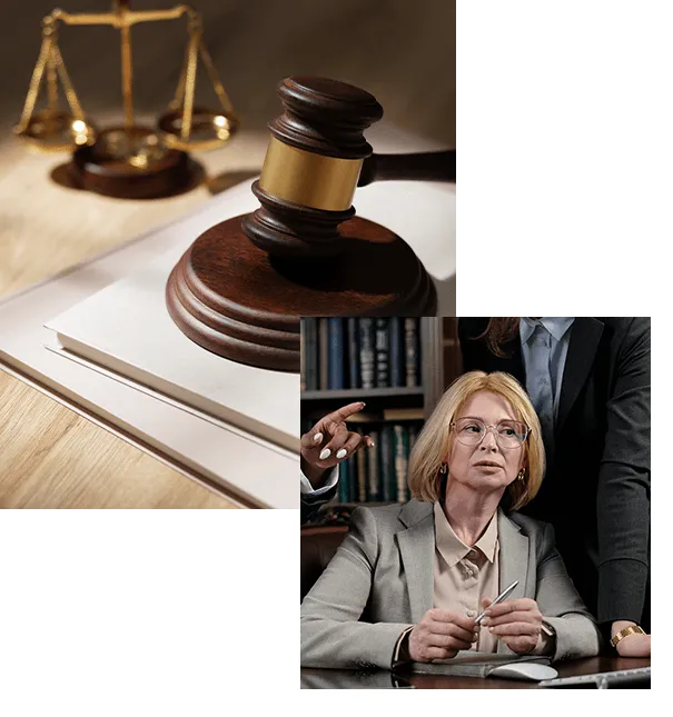 Marteau de juge et balance ; une consultante lors d’un rendez-vous
